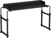 Overbed Table with Wheels, Adjustable Bedside Table Desk with Solid Frame, Mobile Overbed Desk with Lockable Casters for Queen Beds, Rolling Overbedtable Workstation for Laptop & Dining (Brown)