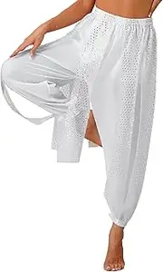 [Jugaoge] Womens Belly Dance Pants Side Split Sequins Shiny Bloomers Trousers Stage Performance Costume