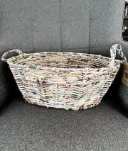 NWT Trader Joes Basket Recycled Newspaper Hand Woven Boho 16x12 Metal Frame
