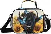 Insulated Lunch Box Bison Sunflower Butterfly for Women Men - Ideal for Work, Picnics - Includes Adjustable Shoulder Strap