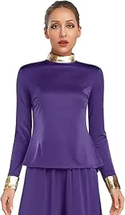 [Yihuimin] Womens Metallic Shiny Liturgical Praise Dance Tops Mock Neck Long Sleeve Shirt Blouse Dancewear
