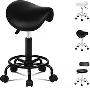[ALFORDSON] Salon Stool Saddle Swivel Drafting Rolling Stools in 50-64.5cm Height Adjustable PU Leather Spa Stool with Footrest Wheels Hair Dress Backless Barber Chair for SPA Massage (Sierra All Black)