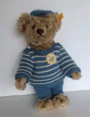 Steiff Teddy Bear Classic 1907, 11" Blue Stripe Outfit, Tags, Button #27659