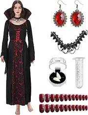 Moosth Vampire Halloween Costumes Dress for Woman Adult Costume Outfit with Teeth Necklace Earrings Accessories