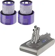 25.2V 2500mAh Replacement Battery & 2 Washable Pre-Motor Filters for Dyson V10 Series V10, V10L, V10 Absolute, V10 Animal, 206340, 969352-02, SV12 Handheld Cordless Vacuum Cleaner