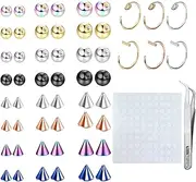 [Jstyle] 54Pcs Fake Eyebrow Ring Fake Lip Labret Studs Replacement Balls Spike with 100Pcs Sticker Non-Piercing Nose Rings Hoop Body Jewelry Fake Skin Piercing 3MM 4MM 5MM
