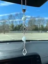 Flower Rear View Mirror Charms, Crystal Boho Car Mirror Hanging Decor for Women & Men - Healing Blue Aquamarine Sun Catcher Cute Car Decorations