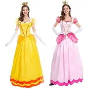 Women's Super Mario Peach Cosplay Costume Pink Princess Dress + Gloves + Headdress Outfits Set Carnival Party Suit Yellow M