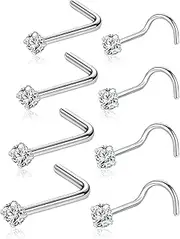 [QZKJQDD] 8 Pcs Nose Studs, L Shaped Small Nose Piercing, Thin Stainless Surgical Steel Corkscrew Ring Studs, Surgical Steel Nose Rings Piercing Jewellery for Women Men Boys Girls, 1.5、2、2.5、3