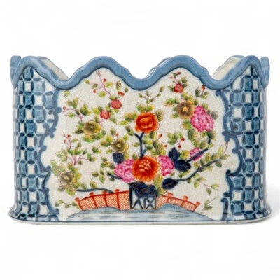 Garden trellis blue floral scalloped top oval PORCELAIN PLANTER