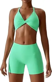 ABOCIW Workout Sets for Women 2 Piece Twist Front Halter Sports Bras High Waist Booty Shorts Exercise Gym Yoga Outfit