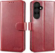 [Lensun] Genuine Leather Mobile Phone Case for Samsung Galaxy S24 FE, Book Style Flip Mobile Phone Case Leather Folding for Galaxy S24 FE 5G - Wine Red