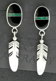 Ray Tracey Knifewing Navajo Onyx Malachite Feather Sterling Earrings