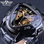 WINNER黑面皮錶帶三角造型全自動機械錶