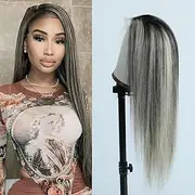 Aprilhair Brazilian Human Hair Wigs 150% Density with Highlights Platinum Blonde Black Pre Plucked Lace Front Wigs Ombre #1B/613 Straight Glueless 12 Inch