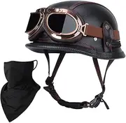 Adults Motorcycle Vintage German Leather Half Face Helmet， with mask Goggles DOT Approved Adult Men Women Open Face Helmet for Cruiser Scooter Moped Chopper Jet Touring Helmet
