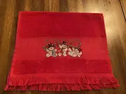 COMPLETED CROSS STITCH FINGERTIP TOWEL RED WITH SNOWMEN HANDSEWN BY SELLER