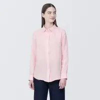 在飛比找博客來優惠-【MUJI 無印良品】女亞麻水洗標準領長袖襯衫 S 粉紅直紋