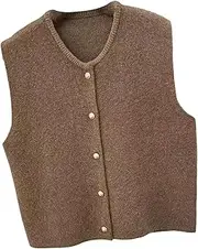 [Perfeclan] Women Knit Cardigan Vest Round Neck Casual Waistcoat for Commuting Birthday Gift