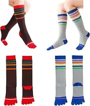 [Pursuestar] 2 Pairs Cotton Long Five Finger Socks Calf High Toe Socks Colorful Stripe Winter Leg Warmers Stockings for Women Girls, Brown With Red+grey With Blue, 5-11