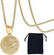 Beebeecraft 1 Box Gold Basketball Pendant and Chain with Velvet Pouch Large Sport Ball Hip Hop Punk 304 Stainless Steel Necklace for Men Father Friend Sport Bar Jewelry Birthday Decoration