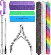 FLAFARY Nail File and Buffer- 3pcs Double Sided Nail File, Rectangular Nail Buffer, Buffer Block Sponge Polished, Nail Brush, Come with Cuticle Nipper and Pusher, Perfect Manicure Tool Kit(Purple)