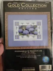 VTG HTF DIMENSIONS Hydrangeas & Dragonflies Gold Coll. Petites Cross Stitch Kit