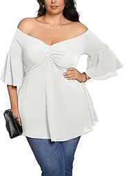 [CICIDUDU] Women's Plus Size Off The Shoulder Peplum Blouse Top Half Bell Sleeve Twist Knot Front Tunic Babydoll Tops