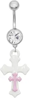 [Niaspi] 14G Cute Acrylic Cross Dangle Belly Button Rings for Women 316L Stainless Steel Belly Piercing Jewelry 3/8 Inch Navel Curved Barbell Ring Dangling Body Piercing Jewelry
