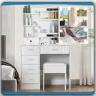 Dressing Table Stool Set With LED Sliding Mirror White Makeup Table Vanity Desk