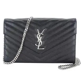 YSL MONOGRAM系列V字縫線魚子醬牛皮金屬LOGO金鍊斜肩信封包(黑x銀)