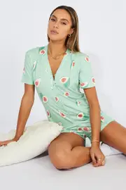 Green Print Avocado Romper Button Through Nightwear Onesie - Size L, Women's Nightie