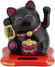 Solar Waving Cat, Cute Good Luck Cat, Solar Powered Fortune Lucky Wealth Welcoming Cat for Home, Office or Car Display, Feng Shui Decoration, Friends or Colleagues (Black)