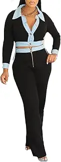 [pnahip] Women's Ribbed 2 Piece Outfits Fall Contrast Color Lapel Button Down Crop Top and High Waist Wide Leg Pant Sets