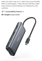 Anker 553 USB-C Hub, 8-In-1 USB C Dock, Dual 4K HDMI USB C to USB Adapter 1 Gbps