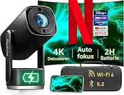 Projector with Battery 【±270° Rotatable/Auto Focus/Trapezoidal Correction】 K2 Smart Projector with WiFi and Bluetooth, for Bedroom Ceiling Outdoor Portable Film Supports 1080p 4K Video Playback