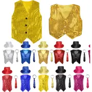 Kids Sequin Waistcoat Fancy Jacket Vest Hip-hop Jazz Dance Show with Hat Necktie