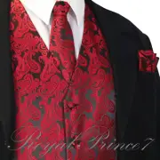 Men's Paisley Tuxedo Vest, Tie and Hankie Formal Dress Wedding Prom Apple Red