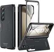 [Kaiiecal] for Samsung Galaxy Z-Fold-5 Case: [Slim S-Pen Friendly][Hidden Kickstand][Wireless Charging] Slim Hinge Case with Screen Protector - Soft Protective Phone Cover for Z Fold5 Black