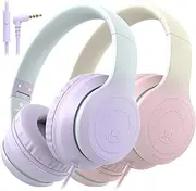 rockpapa L22 Wired Headphones for Kids Girls Boys Women with Microphone, Foldable Stereo 3.5mm Corded Headphones for School Classroom Chromebooks Computer Laptop Phone Airplane (Purple+Pink)