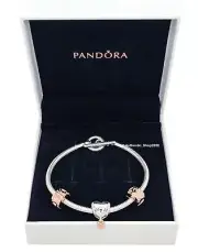 NEW 100% PANDORA Mother's Day Mom's Love T Bar Bracelet + 3 Charms Gift Set