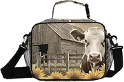 Insulated Lunch Box Farm Cow Sunflower for Women Men - Ideal for Work, Picnics - Includes Adjustable Shoulder Strap