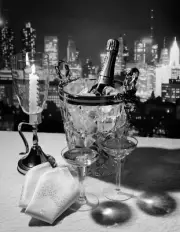1970s Champagne Bottle In Ice Bucket With Glasses Candle & Napkins On Table &...