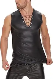 [xokesy] Men Sexy Leather Tank Top, Shiny Soft Matte Leather, Adjustable, Male Black Leather Vest