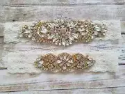 Non-Slip Wedding Garter Set w/Gold Accents & Opal Stones- IVORY Lace