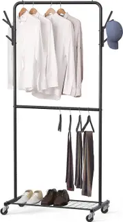 Black Double Rod Garment Rack with Wheels & Hooks