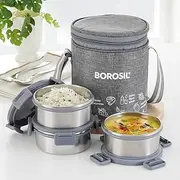 Slate Stainless Steel Lunch Box with Bag | 3 Pcs Round Container Set (280 ml Each) | Single Wall Lunch Box with Food Grade Steel | Leakproof & Dishwasher Safe | 1 Year Warranty | Grey