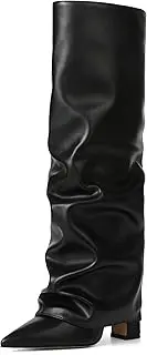 [SaraIris] Women's Knee High Boots Slouchy Black Fold Over Pointed Toe Chunky High Heeled Shark Boots for Women