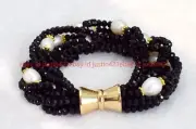 8 Rows 2x4mm Faceted Black Agate & Natural White 7-8mm Rice Pearl Bracelet 7.5"