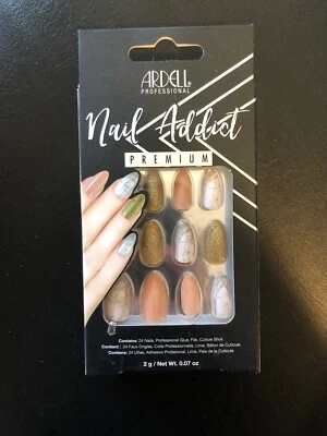 ARDELL Nail Addict Holographic Glitter 24 False Nails Glue Adhesive Gold Peach